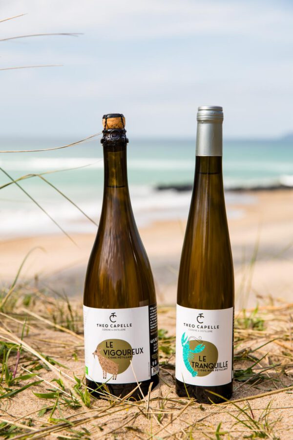 Deux bouteilles de cidre Théo Capelle, "Le Vigoureux" et "Le Tranquille", posées sur le sable avec la mer en arrière-plan.