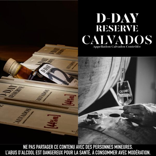 Bouteille de Calvados D-DAY Réserve 12 ans, en présentation avec des fûts et un verre. Étiquettes visibles.