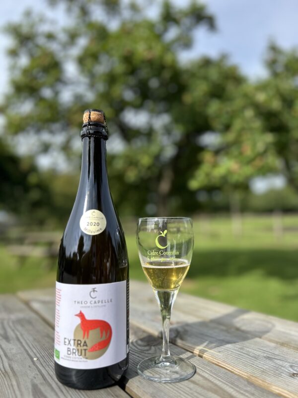 Bouteille de Cidre Extra Brut 2020 de la Cidrerie Théo Capelle, accompagnée d'un verre, sur une table en bois.