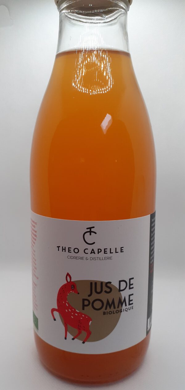 Bouteille de jus de pomme biologique 1 litre de la cidrerie Théo Capelle, au design coloré et artisanal.