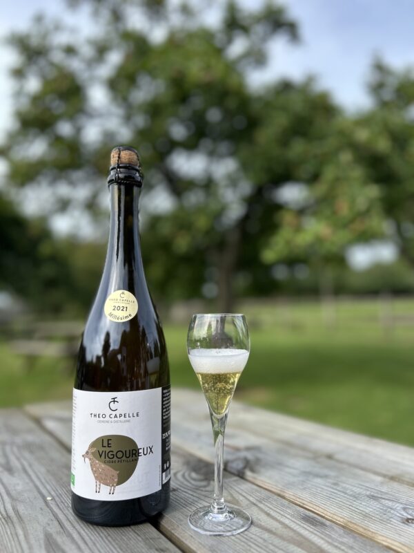 Bouteille de cidre pétillant "Le Vigoureux" de la Cidrerie Théo Capelle, accompagnée d'un verre sur une table en bois.