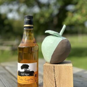 Bouteille de Cidr'Aigre Théo Capelle sur une table en bois, accompagnée d'une sculpture en forme de pomme.