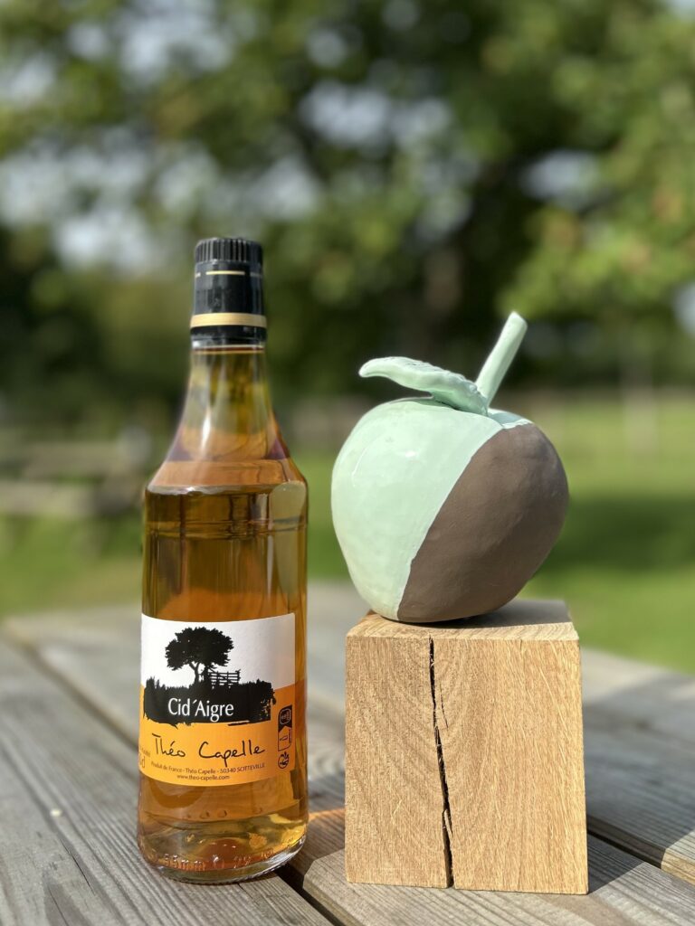 Bouteille de Cidr'Aigre Théo Capelle sur une table en bois, accompagnée d'une sculpture en forme de pomme.