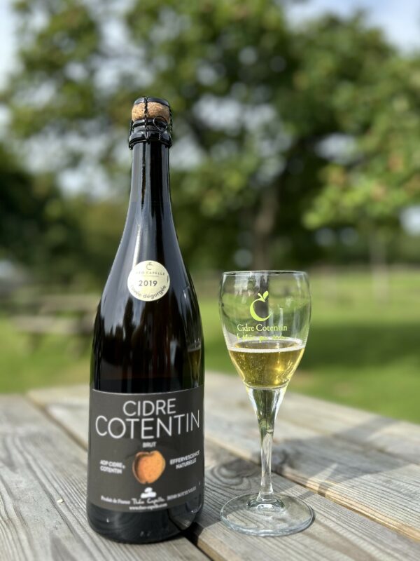 Bouteille de cidre AOP Cotentin Brut 2019 accompagnée d'un verre, sur une table en bois, avec un arrière-plan verdoyant.