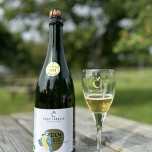 Bouteille de cidre demi-sec "Demi Sec" et verre sur une table en bois, avec un fond de nature.