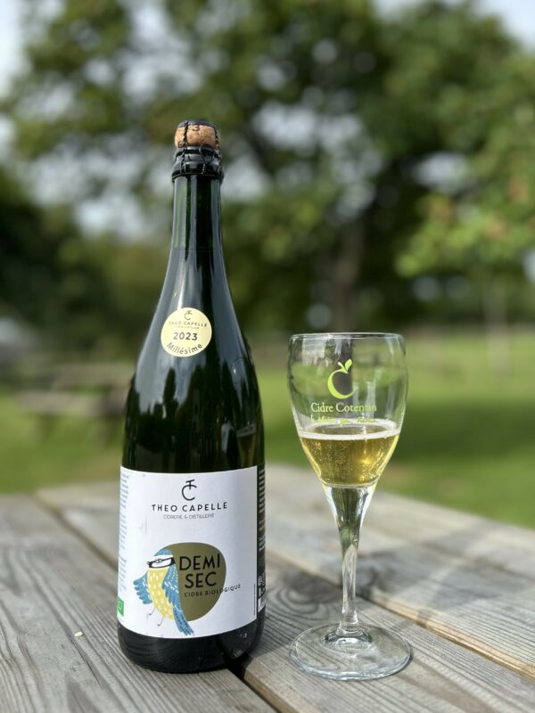 Bouteille de cidre demi-sec "Demi Sec" et verre sur une table en bois, avec un fond de nature.