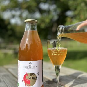 Bouteille de jus de pomme biologique de 1 litre de la cidrerie Théo Capelle, servie dans un verre, en plein air.