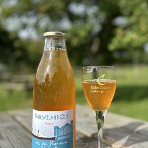 Bouteille de jus de pomme acidulé Théo Capelle, servie dans un verre sur une table en bois, en arrière-plan un décor verdoyant.
