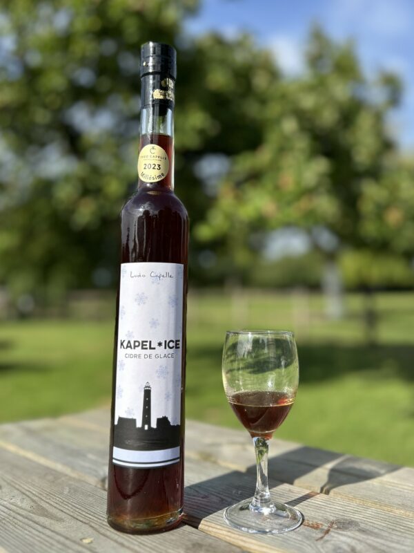 Bouteille de Kapel Ice, cidre de glace, avec un verre sur une table en bois, en arrière-plan un paysage verdoyant.