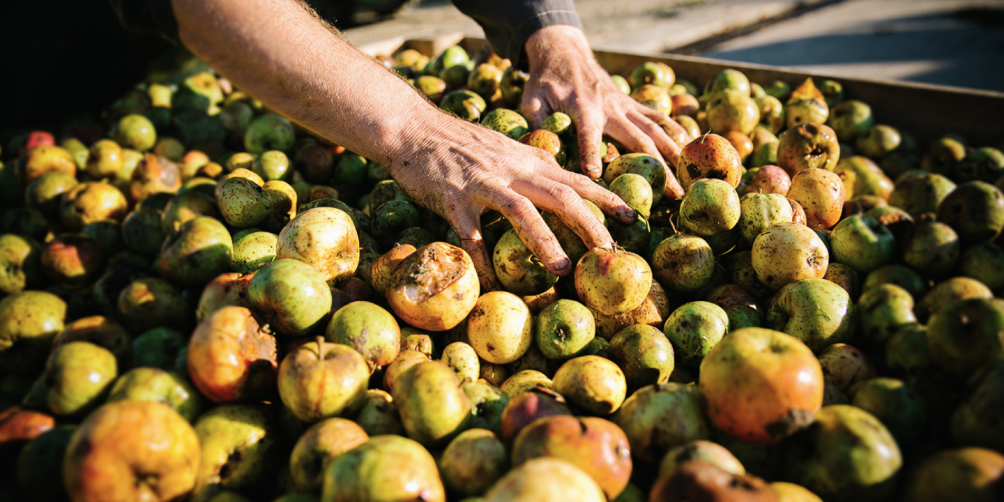 Des mains choisissent des pommes dans un tas, symbole de la récolte pour la production de cidre.