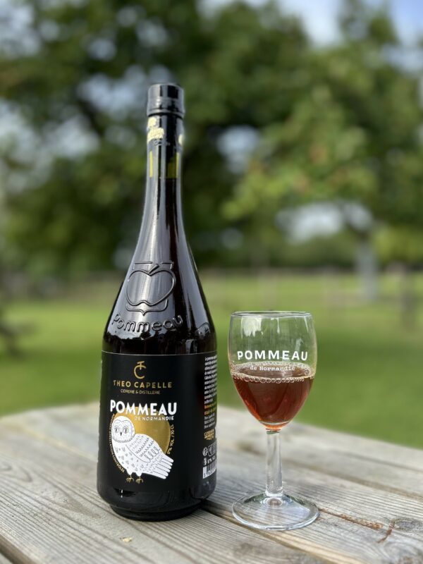 Bouteille de Pommeau de Normandie et verre, sur une table en bois en plein air, avec un fond verdoyant.