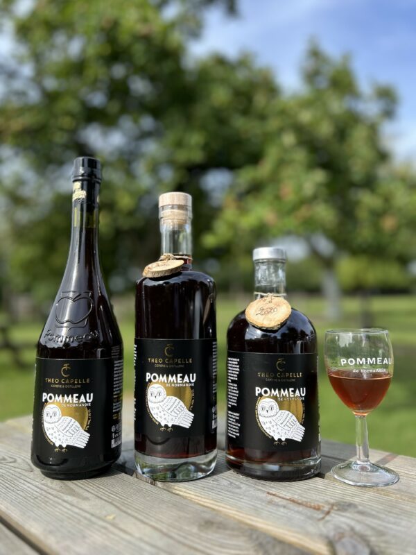 Bouteilles de Pommeau de Normandie et un verre sur une table en bois, en arrière-plan, un verger sous un ciel bleu.