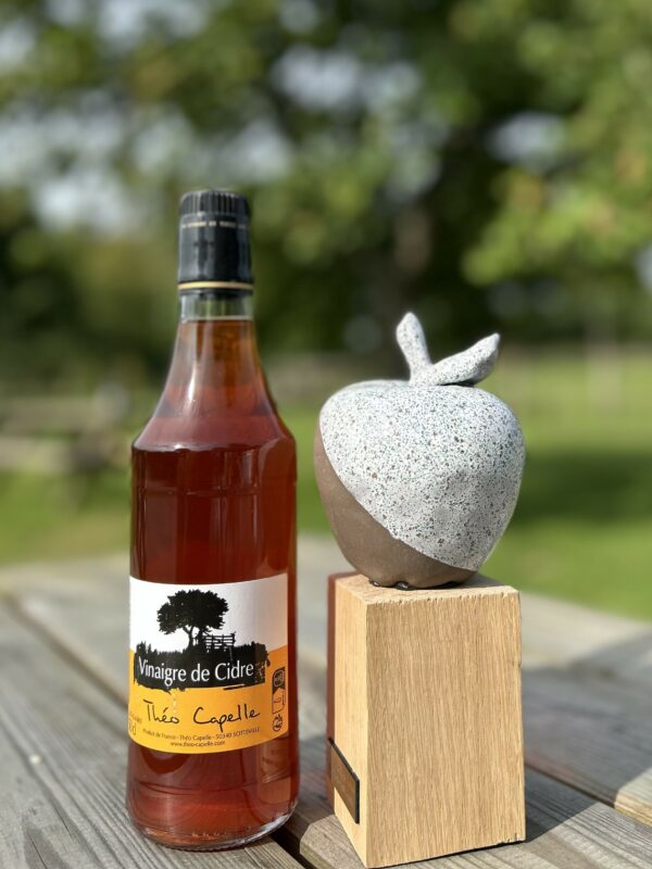 Bouteille de vinaigre de cidre Théo Capelle 50cl, accompagnée d'une sculpture représentant une pomme, sur une table en bois.